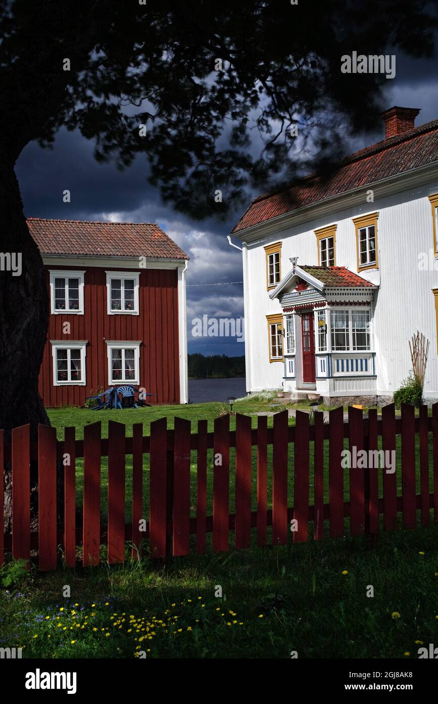 ALFTA 20080610 - il y a des centaines de fermes avec des valeurs patrimoniales qui restent à Halsingland. Beaucoup investissent dans l'augmentation du tourisme, certains offrant un hébergement de nuit. Cette ferme se trouve dans le village de la paroisse Alvkarhed Alfta. Les fermes décorées de Halsingland dans une zone relativement petite du nord-est de la Suède, bordant le golfe de Bothnia et connu sous le nom de Halsingland, sont une concentration de grands richement décorées, fermes en bois et bâtiments agricoles associés reflétant le pic de prospérité du paysage agricole du xixe siècle et le statut social de ses agriculteurs. Sept bois Banque D'Images