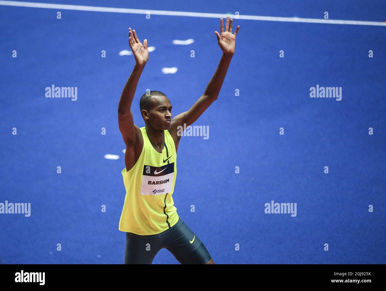 MALMÃƒÂ– 2015-02-25 Mutaz Essa Barshim du Qatar a remporté le saut en hauteur masculin sur 2.34 mètres lors de la compétition d'athlétisme des Malmö Games à la Malmo Arena de Malmo, en Suède, le 25 février 2015. Lavillenie a gagné la perche de saut de 5.92 mètres. Photo: Andreas Hillergren / TT / ** SUÈDE OUT ** Banque D'Images