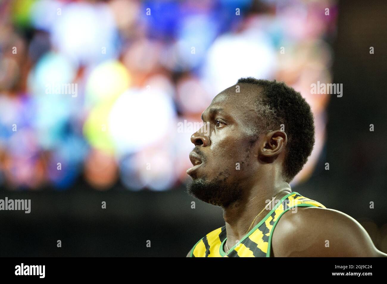 BEIJING 20150823 Usain Bolt de Jamaïque après la demi-finale masculine de 100 mètres aux Championnats du monde de l'IAAF de Beijing 2015 au Stade national de Beijing, Chine, le 23 août 2015. Photo: Jessica Gow / TT / Kod 10070 Banque D'Images