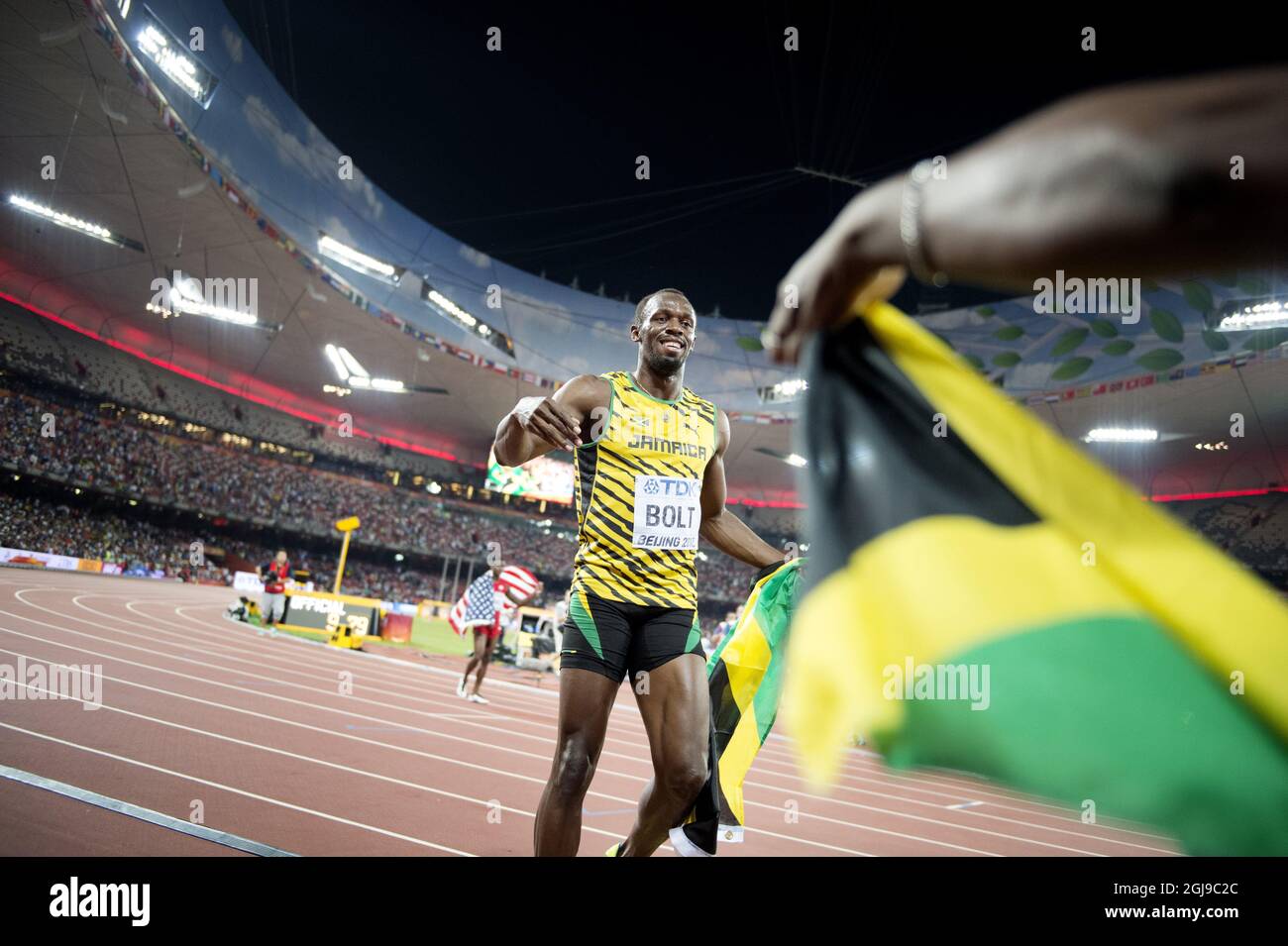 BEIJING 20150823 Usain Bolt de la Jamaïque après avoir remporté la finale masculine de 100m lors des Championnats du monde de l'IAAF de Beijing 2015 au Stade national de Beijing, Chine, le 23 août 2015. Photo: Jessica Gow / TT / Kod 10070 Banque D'Images