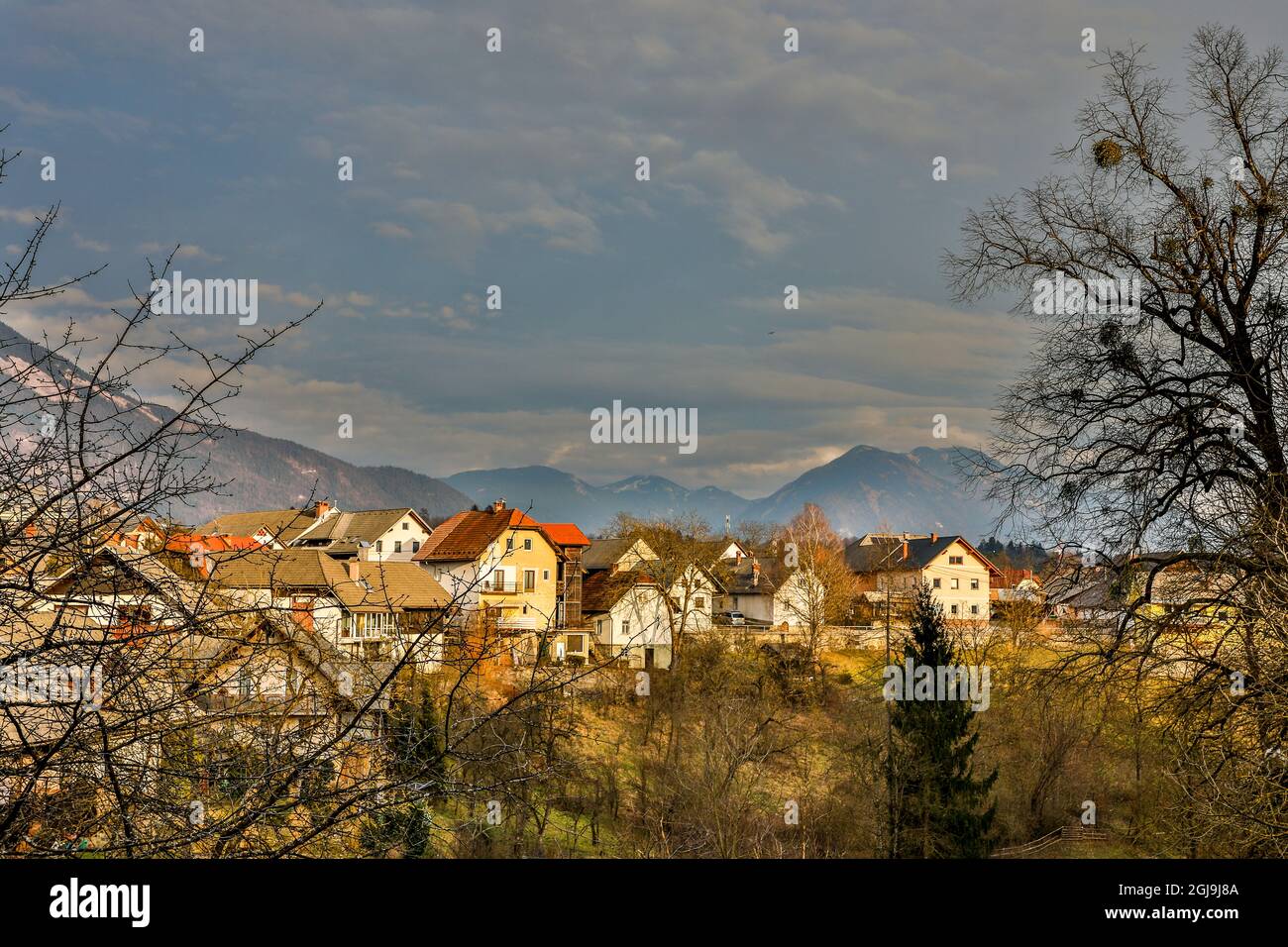 Slovénie, vue sur Radovljica et les montagnes Banque D'Images