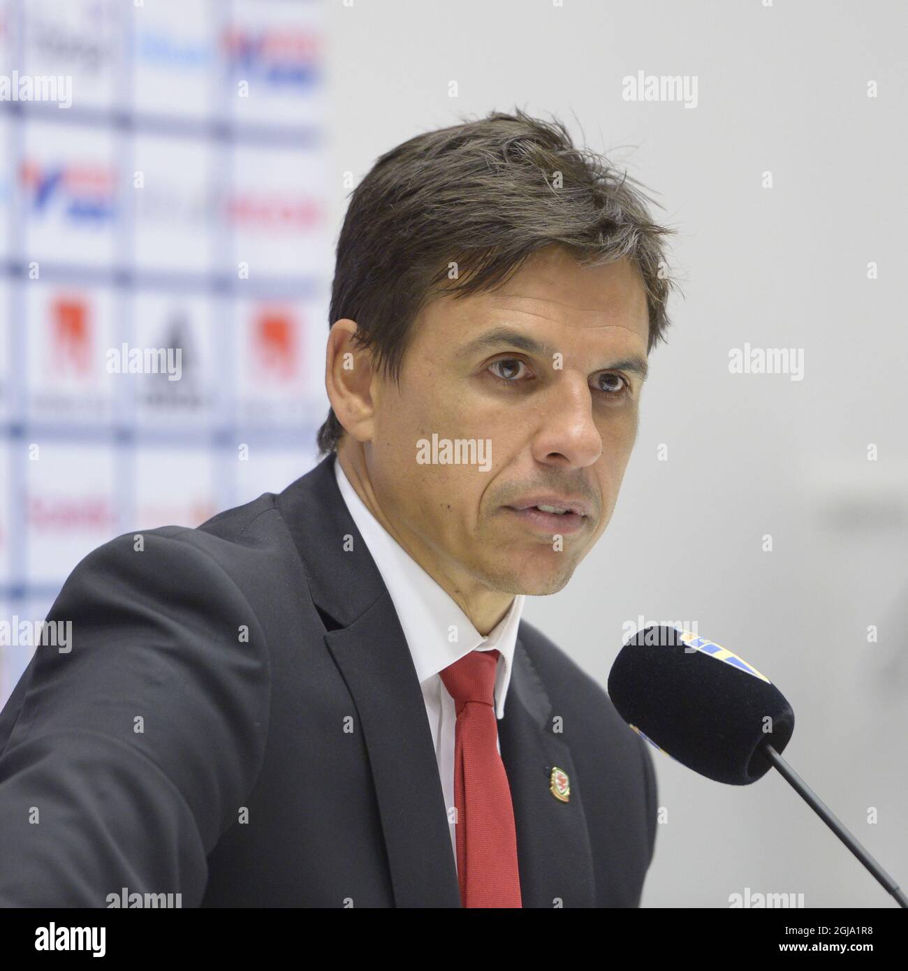 STOCKHOLM 2016-06-05 Wales Chris Coleman, directeur de l'équipe nationale, parle le dimanche 5 juin 2016 au Friends Arena de Stockholm, en Suède. Photo Maja Suslin / TT / Banque D'Images