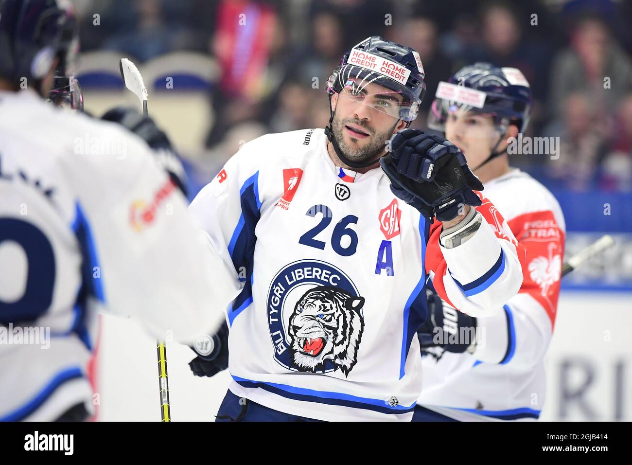 Petr Jelinek de Liberecs célèbre son but lors du deuxième match des demi-finales de la Ligue de hockey des champions entre Vaxjo Lakers et Bílí Tygri Liberec à Vida Arena, Vaxjo, Suède le 16 janvier 2018. Photo: Mikael Fritzon / TT / Kod 62360 Banque D'Images