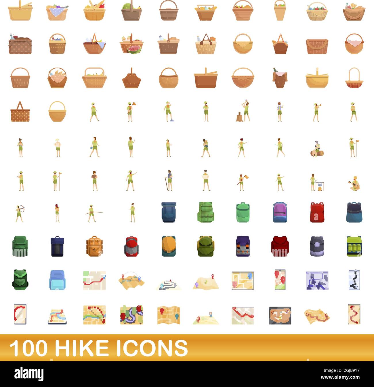 100 icônes de randonnée définies. Illustration de dessin animé de 100 icônes de randonnée vecteur isolé sur fond blanc Illustration de Vecteur