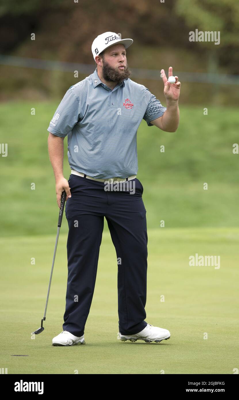 GOTHENBURG 20180816 Andrew Johnston, de l'Angleterre, réagit sur le 14e vert lors de la première partie de Nordea Masters au Hills Golf Club le jeudi 16 août 2018. Photo Anders Wiklund / TT / Kod 10040 Banque D'Images