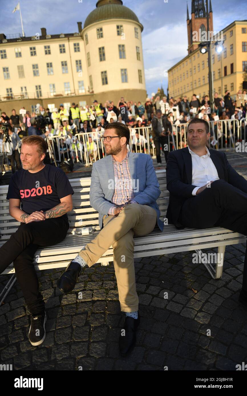 Jimmie Akesson, chef du Parti démocrate suédois, lors d'un rassemblement électoral dans le centre de Stockholm, Suède, le 8 septembre 2018. Photo: Maja Suslin / TT / Kod 10300 Banque D'Images