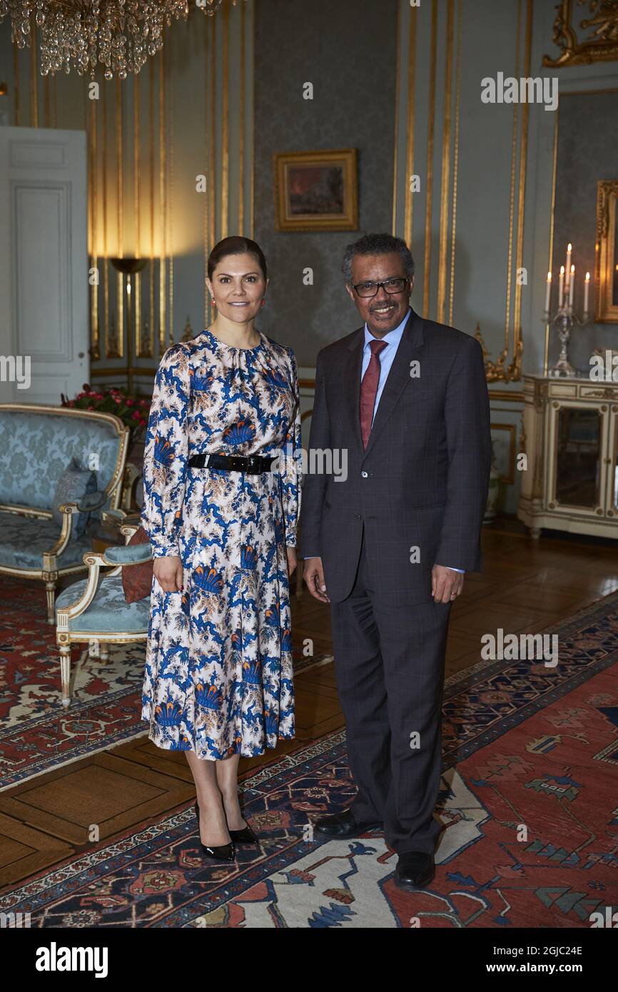 Princesse Victoria lors d'une audience avec le Directeur général de l'Organisation mondiale de la Santé (OMS) Dr Tedros Adhanom Ghebreyesus , lors d'une cérémonie au Palais Royal de Stockholm, Suède, le mercredi 10 avril 2019 photo Fredrik Persson / TT / Kod 75906 Banque D'Images