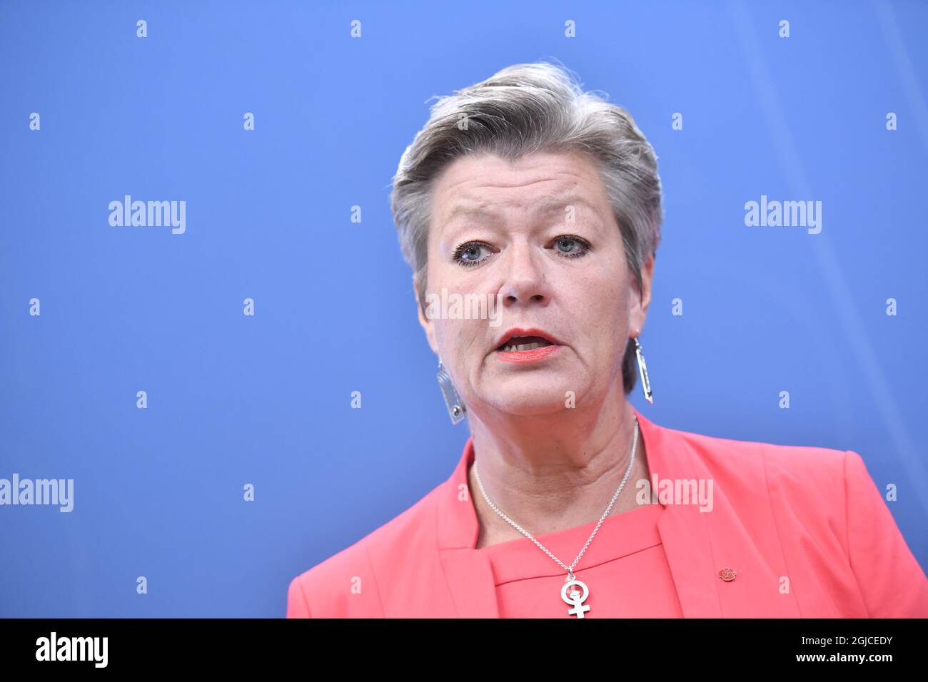 Ylva Johansson, ministre suédois de l’emploi et de l’intégration, et Stefan Lofven, Premier ministre, lors d’un examen préliminaire aux bureaux gouvernementaux de Stockholm, Suède, le 8 août 2018. Le Premier ministre a annoncé que le gouvernement suédois nomma le ministre Johansson au nouveau commissaire de l'UE Foto: Maja Suslin / TT / Kod 10300 Banque D'Images