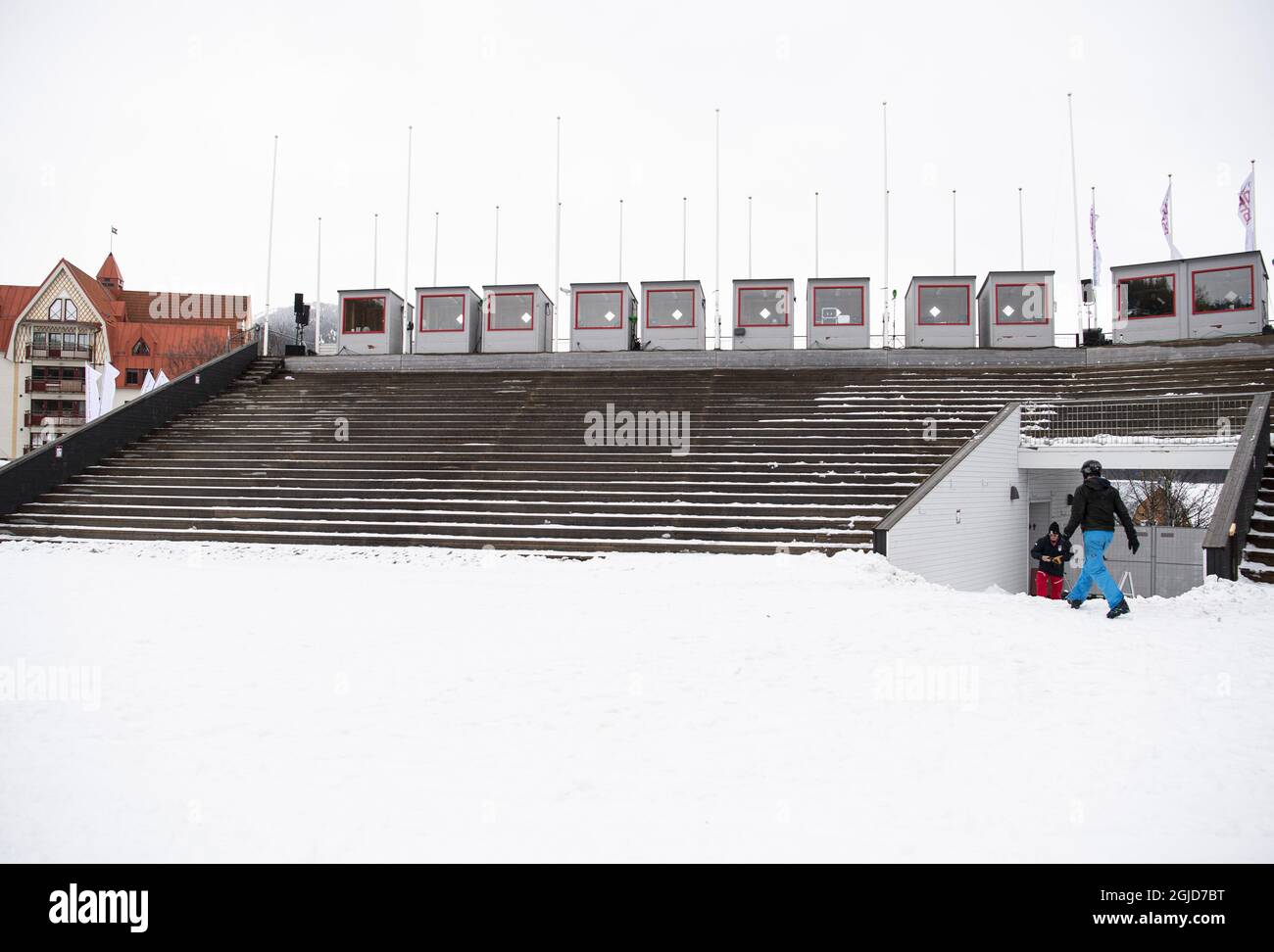 Vue sur les stands de la station de ski de are, dans le nord de la Suède, le 11 mars 2020. Selon les organisateurs, la finale de la coupe du monde de ski alpin en fin de semaine a été annulée en raison de la préoccupation du coronavirus. L'Agence suédoise de la santé publique a demandé mercredi au gouvernement d'interdire temporairement les événements de plus de 500 personnes. Photo: Pontus Lundahl / TT / code 10050 Banque D'Images
