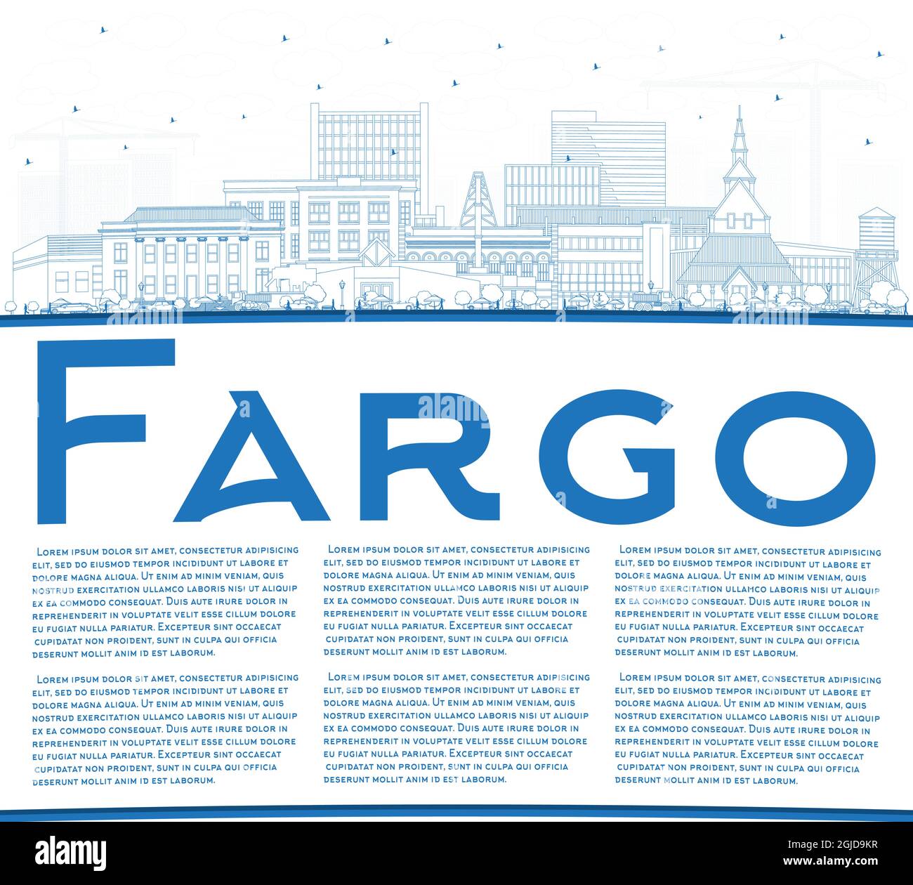 Outline Fargo North Dakota City Skyline avec Blue Buildings et Copy Space. Illustration vectorielle. Fargo USA CityScape avec des sites touristiques. Illustration de Vecteur