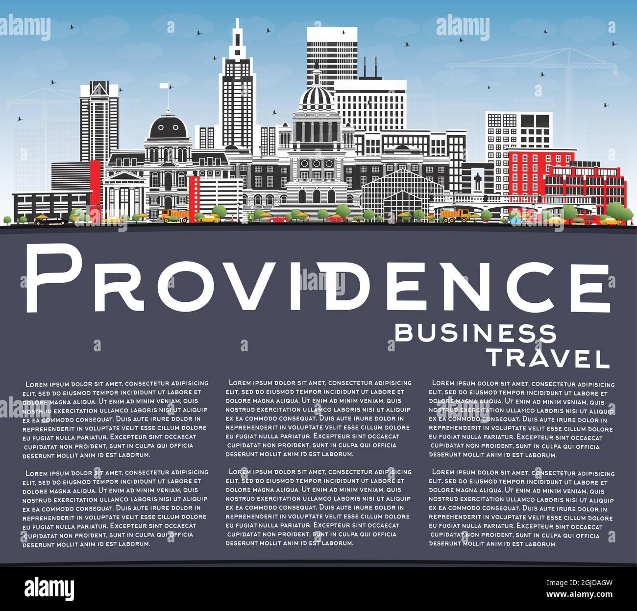 Providence Rhode Island City Skyline avec bâtiments couleur, ciel bleu et espace de copie. Illustration vectorielle. Providence USA Cityscape avec des sites touristiques. Illustration de Vecteur