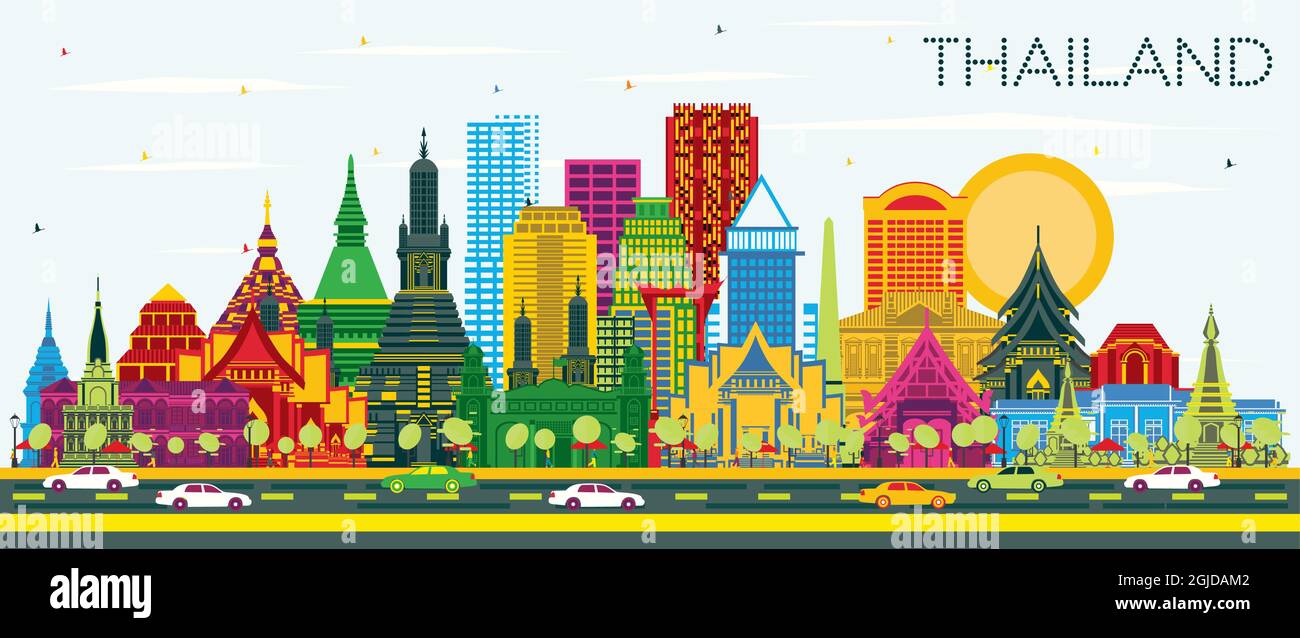 La Thaïlande sur les toits de la ville avec des bâtiments de couleur et de ciel bleu. Vector Illustration. Concept du tourisme avec l'architecture historique. Illustration de Vecteur