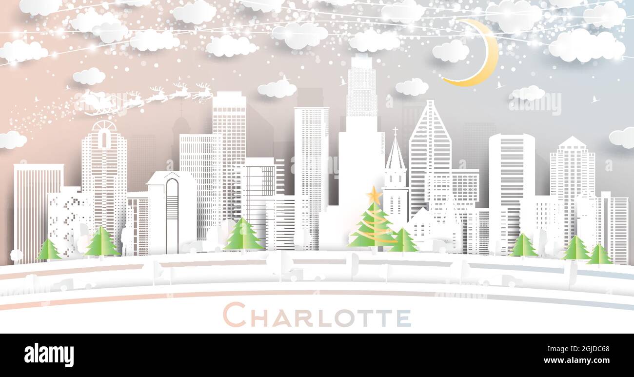 Charlotte NC City Skyline en papier coupé avec flocons de neige, lune et guirlande de Neon. Illustration vectorielle. Concept Noël et nouvel an. Illustration de Vecteur