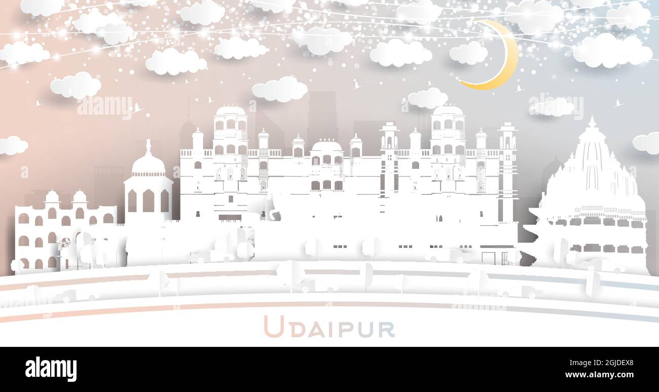 Udaipur India City Skyline en style papier coupé avec White Buildings, Moon et Neon Garland. Illustration vectorielle. Concept de voyage et de tourisme. Illustration de Vecteur