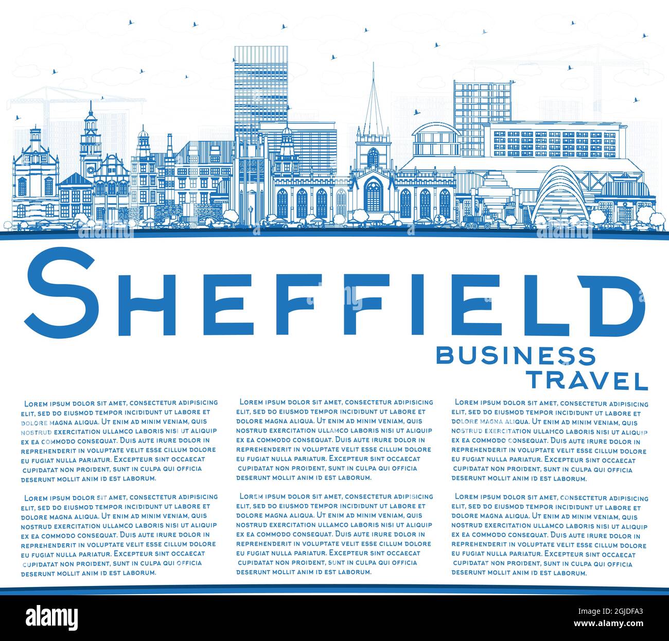 Outline Sheffield UK City Skyline avec Blue Buildings et Copy Space. Illustration vectorielle. Ville de Sheffield dans le Yorkshire du Sud avec sites touristiques. Illustration de Vecteur