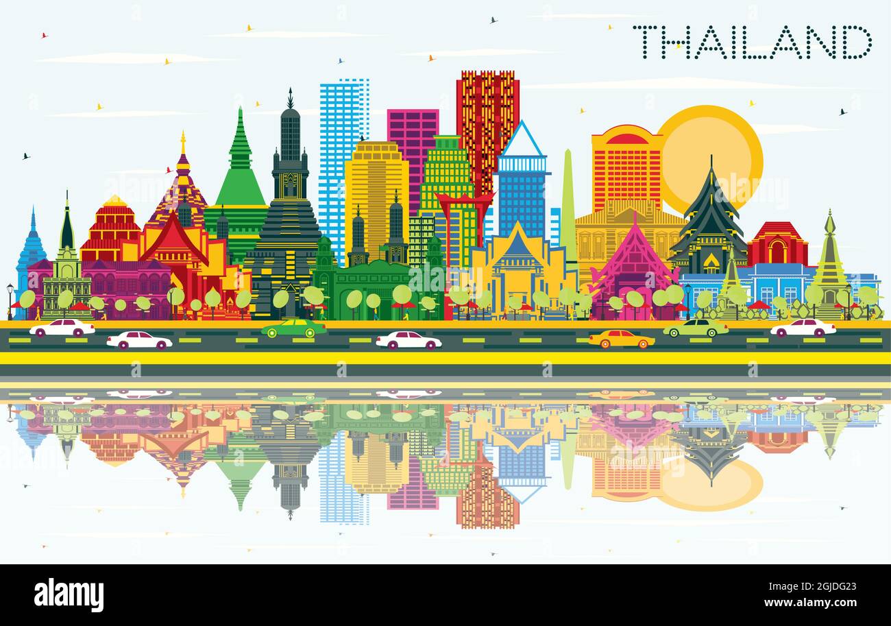 La Thaïlande sur les toits de la ville avec des bâtiments de couleur, ciel bleu et des réflexions. Vector Illustration. Concept du tourisme avec l'architecture historique. Illustration de Vecteur
