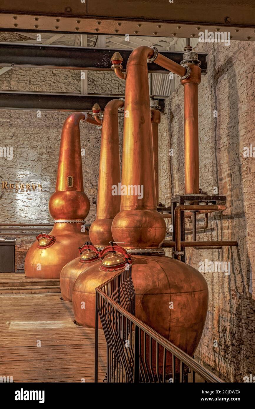 Distillateurs de cuivre, distillerie Woodford Reserve, Versailles, Kentucky. (Usage éditorial uniquement) Banque D'Images