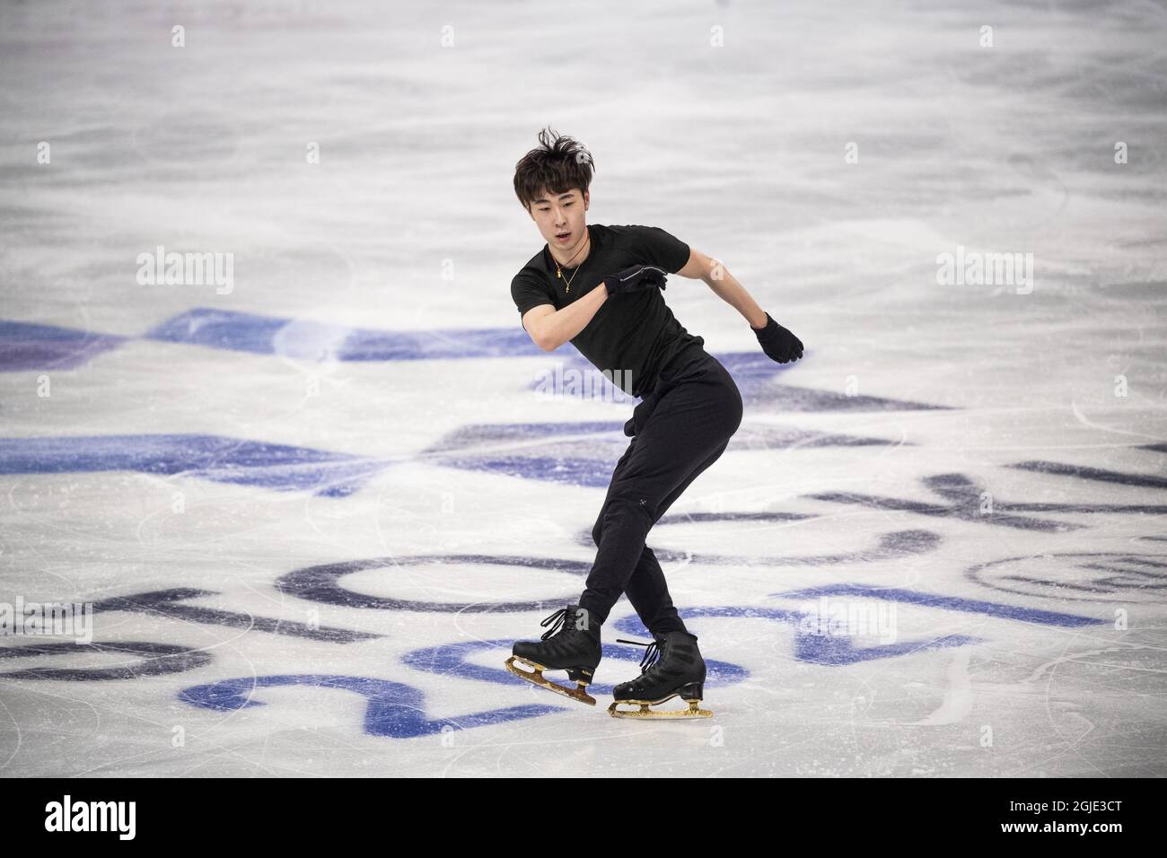 Boyang Jin de Chine en action lors d'une séance d'entraînement avant les Championnats du monde de patinage artistique de l'UIP à l'arène Globe à Stockholm, en Suède, le 22 mars 2021. Photo: Pontus Lundahl / TT / code 10050 *** SUÈDE OUT *** Banque D'Images