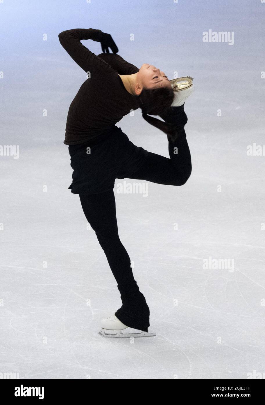 Rika Kihira, du Japon, en action lors d'une séance d'entraînement avant les Championnats du monde de patinage artistique de l'UIP à l'arène Globe de Stockholm, en Suède, le 22 mars 2021. Photo: Pontus Lundahl / TT / code 10050 *** SUÈDE OUT *** Banque D'Images