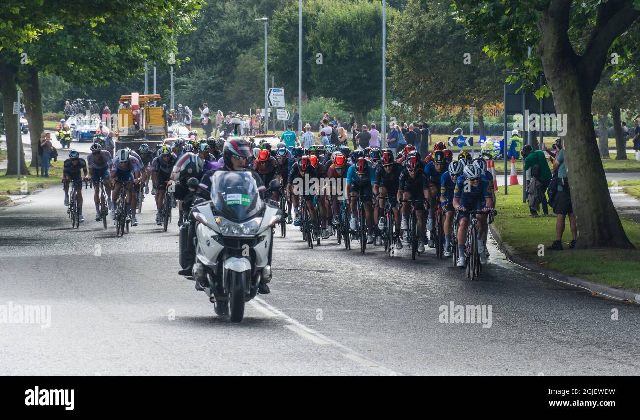 Action du Tour de Grande-Bretagne à vélo 2021 - Stage 5. Depuis le parc Alderley, Macclesfield et finissant au centre de Warrington le 9 septembre 2021. Banque D'Images