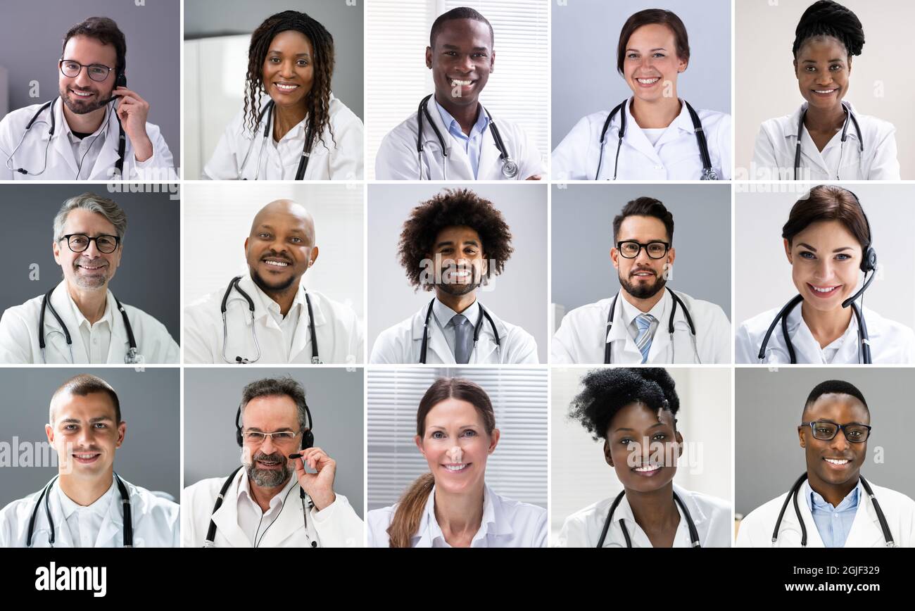 Vidéoconférence médecins et infirmières. Photo de collage de tête Banque D'Images