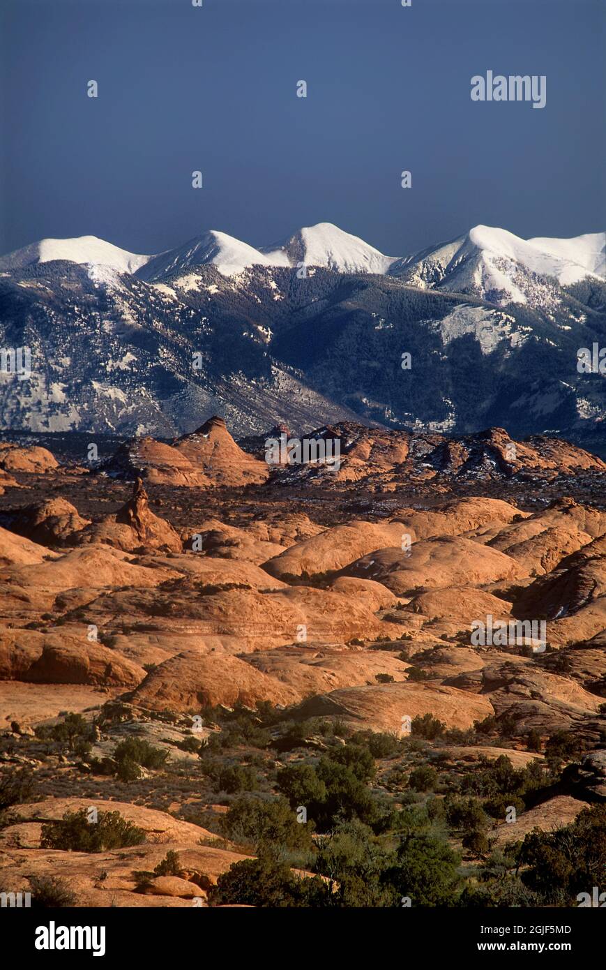 États-Unis, Utah, parc national d'Arches. Dunes de sable pétrifié sous les montagnes enneigées de la Sal. Banque D'Images