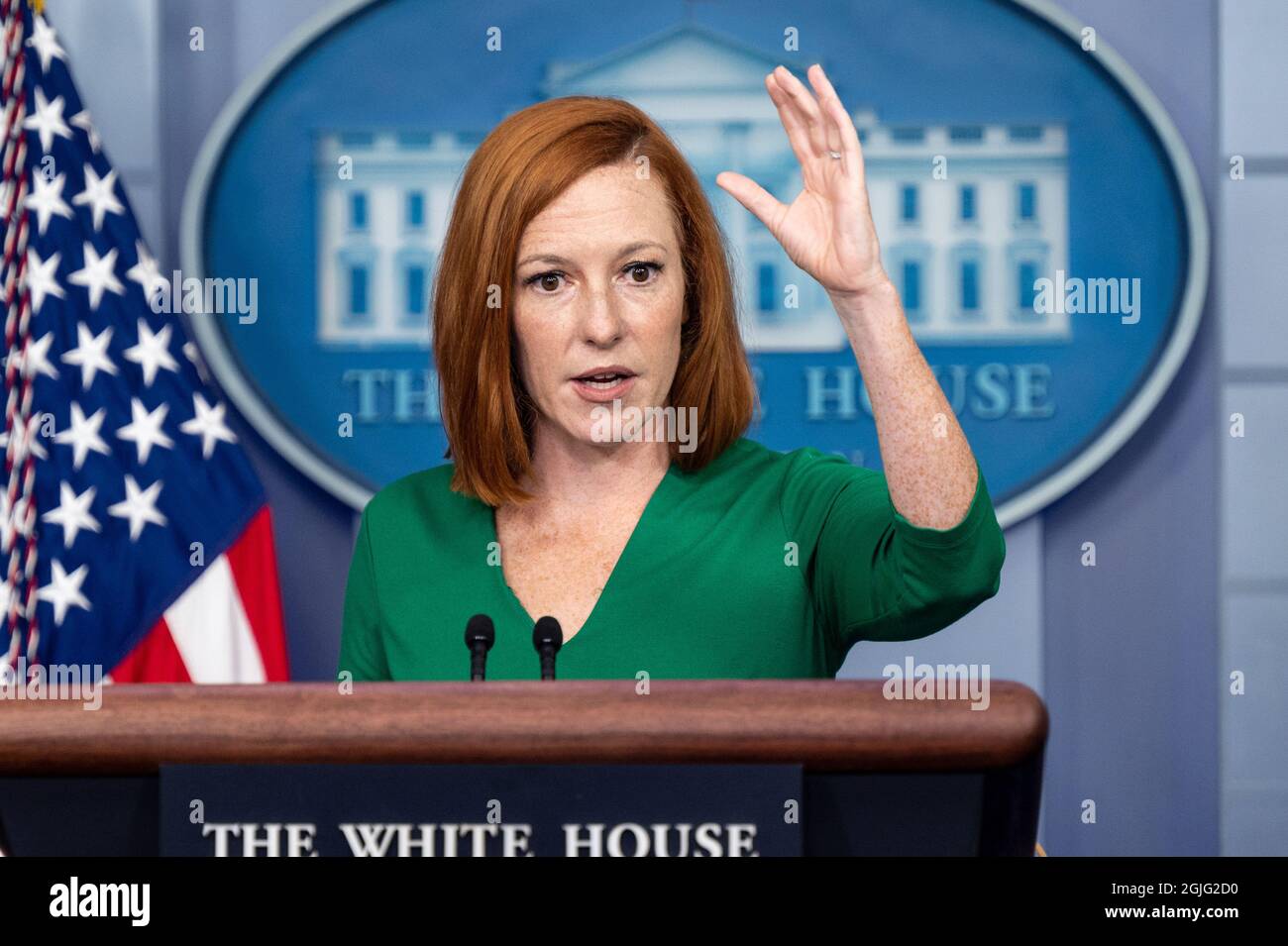 Washington, États-Unis. 09e septembre 2021. Jen Psaki, Attachée de presse de la Maison Blanche, prend la parole lors d'un point de presse dans la salle de presse de la Maison Blanche. Crédit : SOPA Images Limited/Alamy Live News Banque D'Images