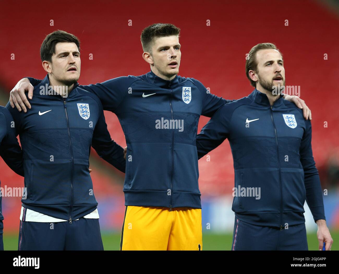 Harry Maguire , Nick Pope et Harry Kane d'Angleterre Banque D'Images