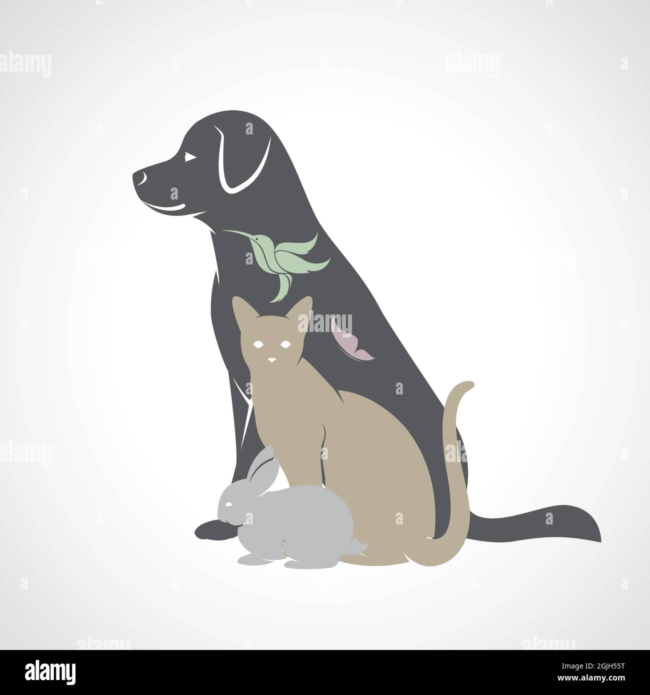 Groupe vectoriel d'animaux de compagnie - chien, chat, oiseau, papillon, lapin, isolé sur fond blanc. Illustration vectorielle superposée facile à modifier. Illustration de Vecteur