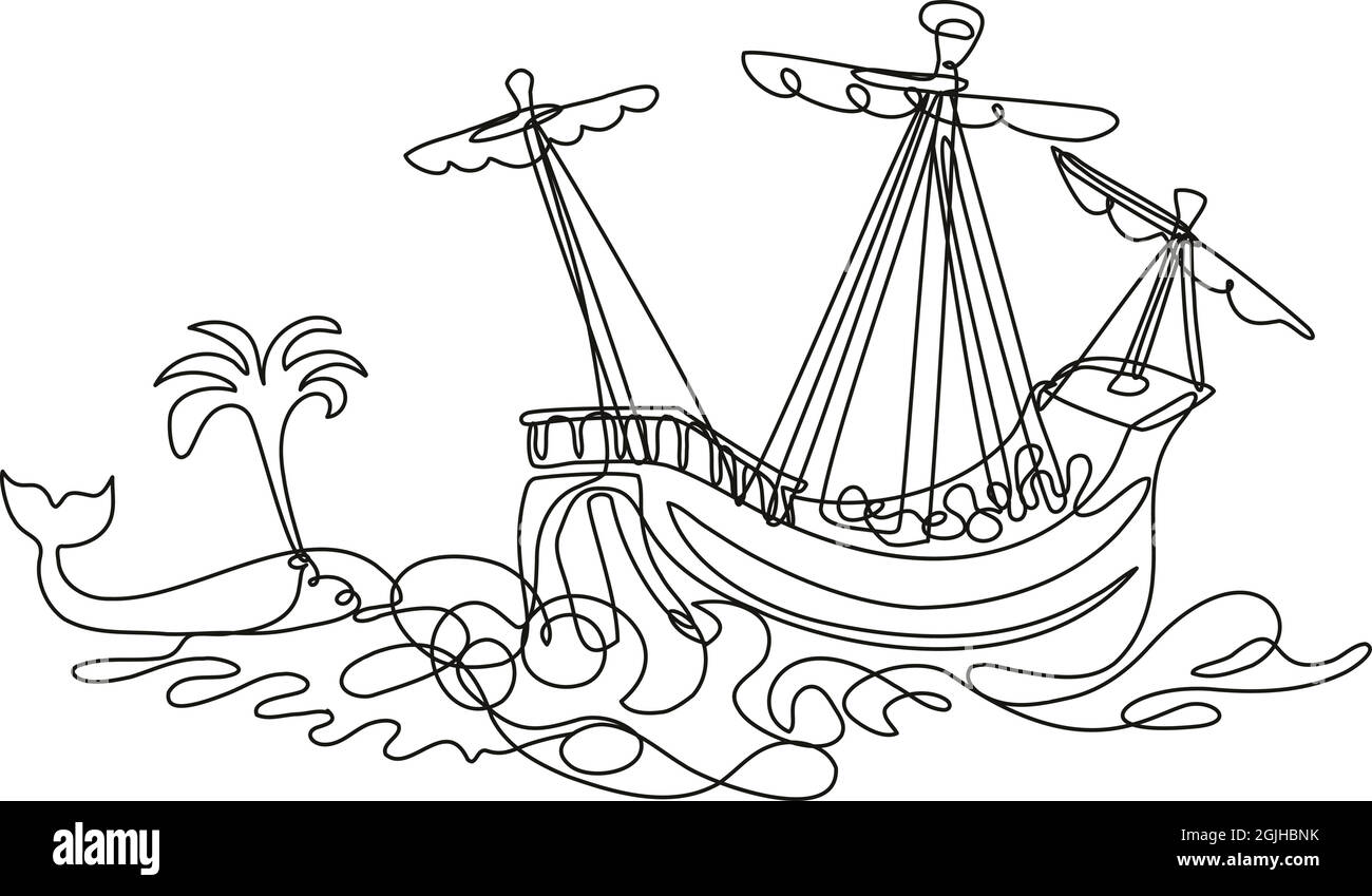 Dessin en ligne continue illustration d'un galléon ou d'un grand bateau naviguant avec une baleine fait en ligne simple ou en forme de doodle en noir et blanc sur bac isolé Illustration de Vecteur