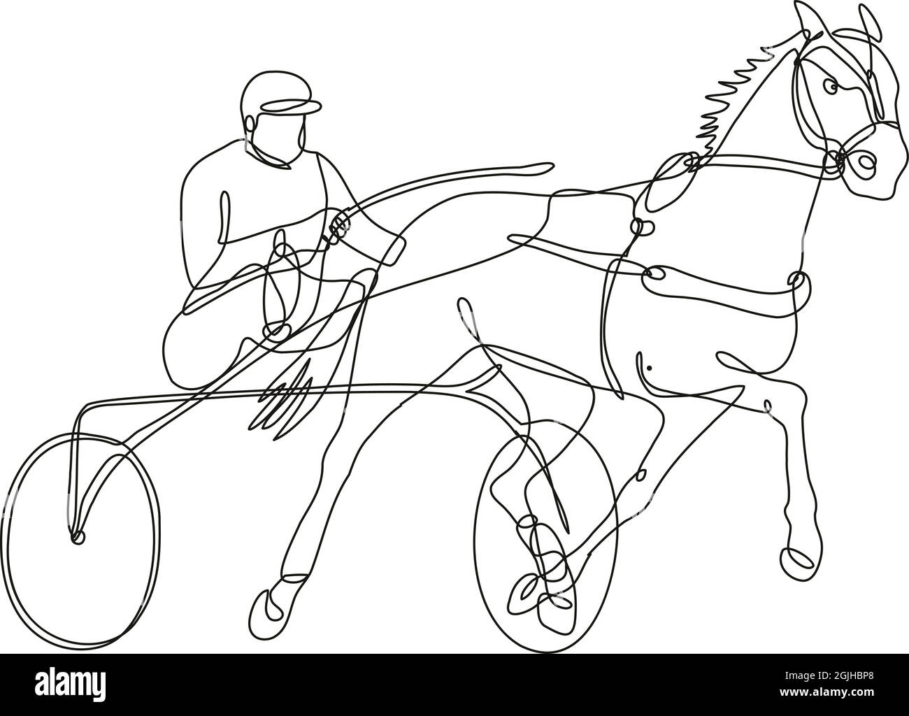 Dessin en ligne continue illustration d'un jockey et d'un harnais de cheval course vue latérale à l'intérieur du cercle fait en ligne simple ou de style doodle en noir et blanc Illustration de Vecteur