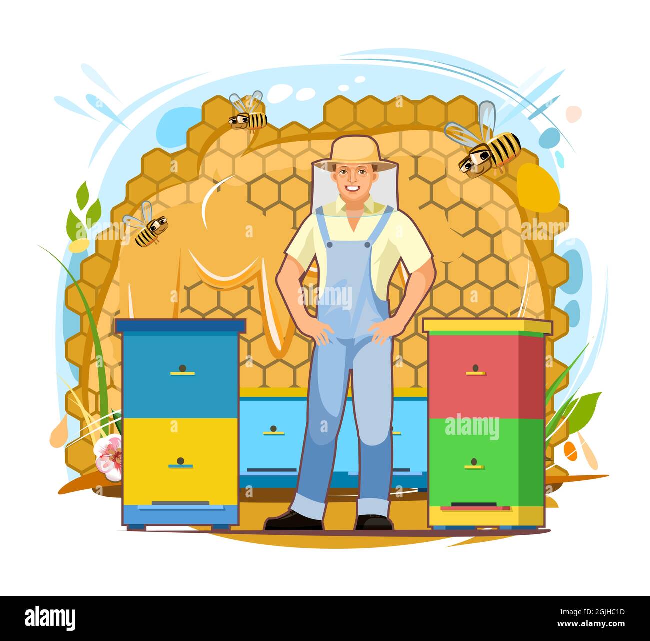 Apiculteur contre le fond de l'apiculteur et du nid d'abeille. Image symbolique arrière-plan blanc isolé. Personnage en uniforme et chapeau de protection en mesh. Illustration de Vecteur