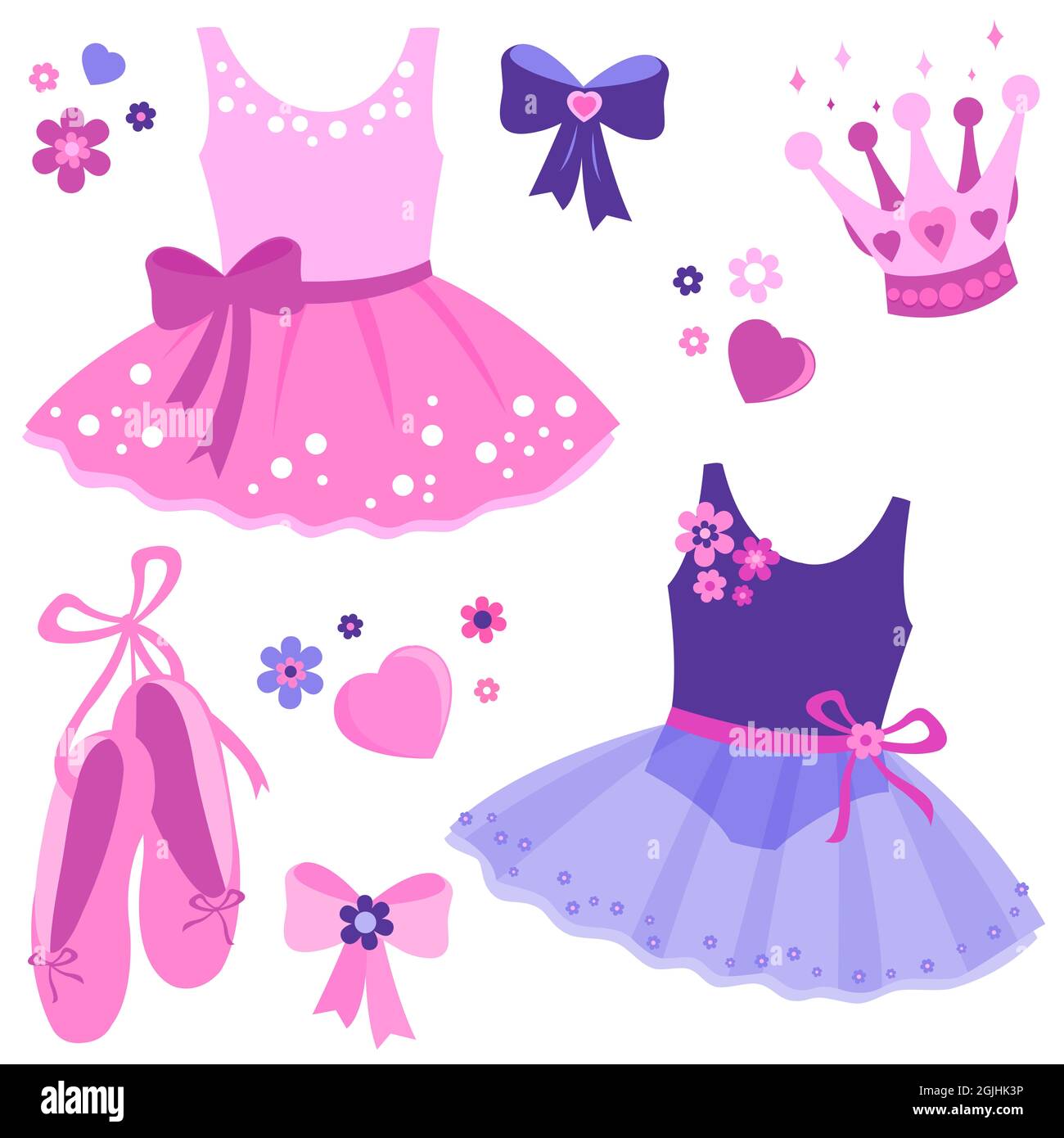 Ensemble d'illustrations de jolies tenues de danseuse de ballerine rose et pourpre, chaussures de ballet, rubans, couronnes et fleurs. Banque D'Images