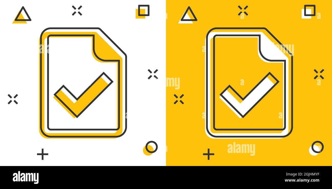 Icône document accepté dans le style comique. Corriger l'illustration vectorielle sur un arrière-plan blanc isolé. Vérifiez le concept commercial effet destruction message. Illustration de Vecteur