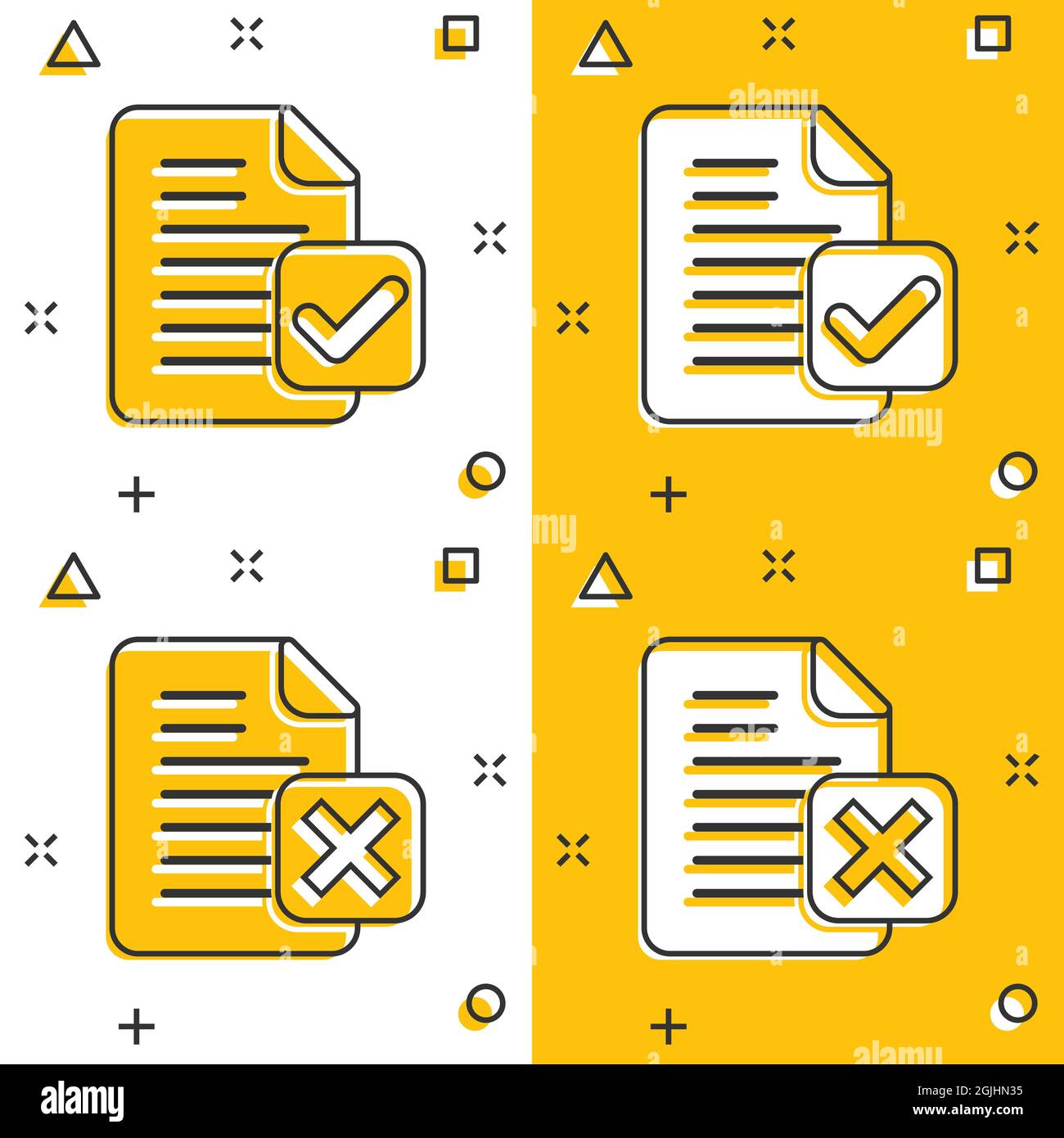 Documenter l'icône acceptée et endommagée en style de bande dessinée. Illustration correcte et brisée du vecteur de dessin animé sur fond blanc isolé. Vérifier l'effe du message Splash Illustration de Vecteur
