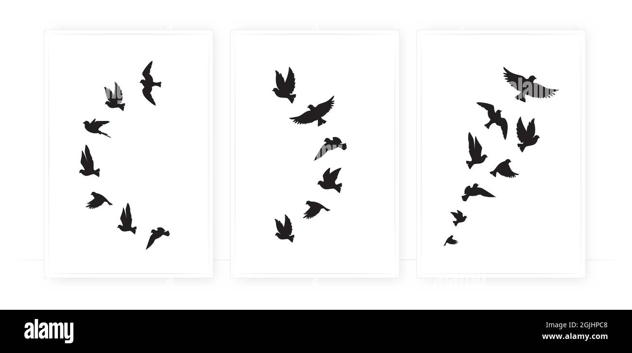 Illustration de silhouettes d'oiseaux volants, vecteur. Décoration scandinave minimaliste en trois pièces. Oiseaux volants en harmonie isolés Illustration de Vecteur