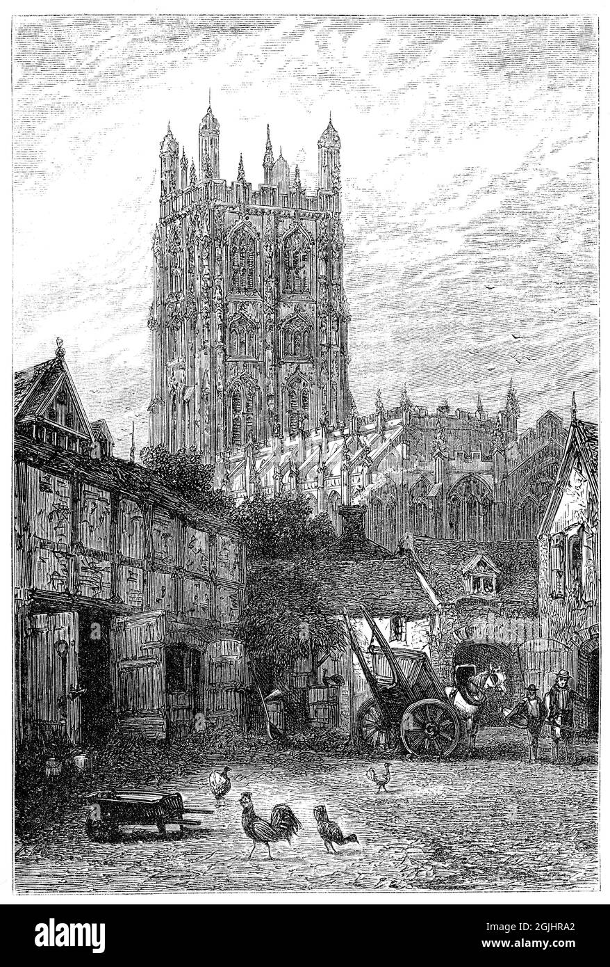 1879 gravure ancienne de l'église Saint-Giles à Wrexham, pays de Galles. Banque D'Images