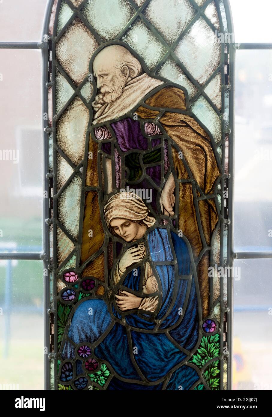 Panneau de vitraux de Boaz et Ruth, Église de la Sainte Trinité, Hinckley, Leicestershire, Angleterre, ROYAUME-UNI Banque D'Images