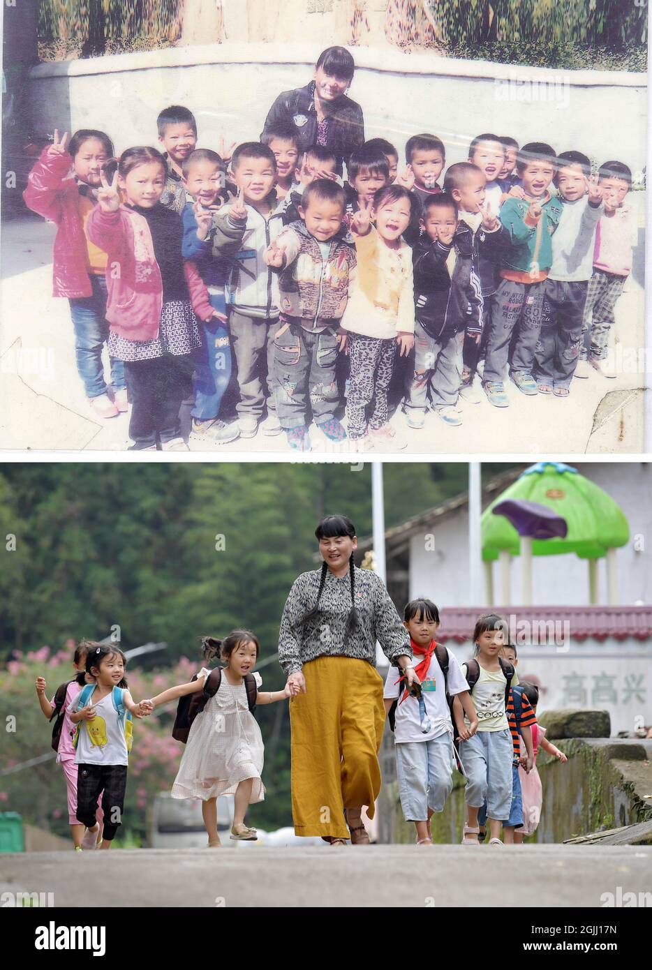 (210910) -- NANCHANG, 10 septembre 2021 (Xinhua) -- HAUT: Fichier non daté photo montre l'enseignant rural Zhi Yueying posant avec les étudiants;BAS: Zhi escorte les étudiants en chemin à la maison dans le canton de Zanoxia du comté de Fengxin, province de Jiangxi en Chine orientale, 2 septembre 2021. (Photo prise par Peng Zhaozhi) Zhi a enseigné pendant 41 ans dans une école primaire de la ville. La Chine prévoit de recruter 84,330 diplômés universitaires en tant qu'enseignants dans les écoles primaires et moyennes rurales en 2021 pour promouvoir la vialisation rurale. Le recrutement est principalement pour les zones autrefois appauvries et ceux qui vivent par des minorités ethniques pour consolider p Banque D'Images