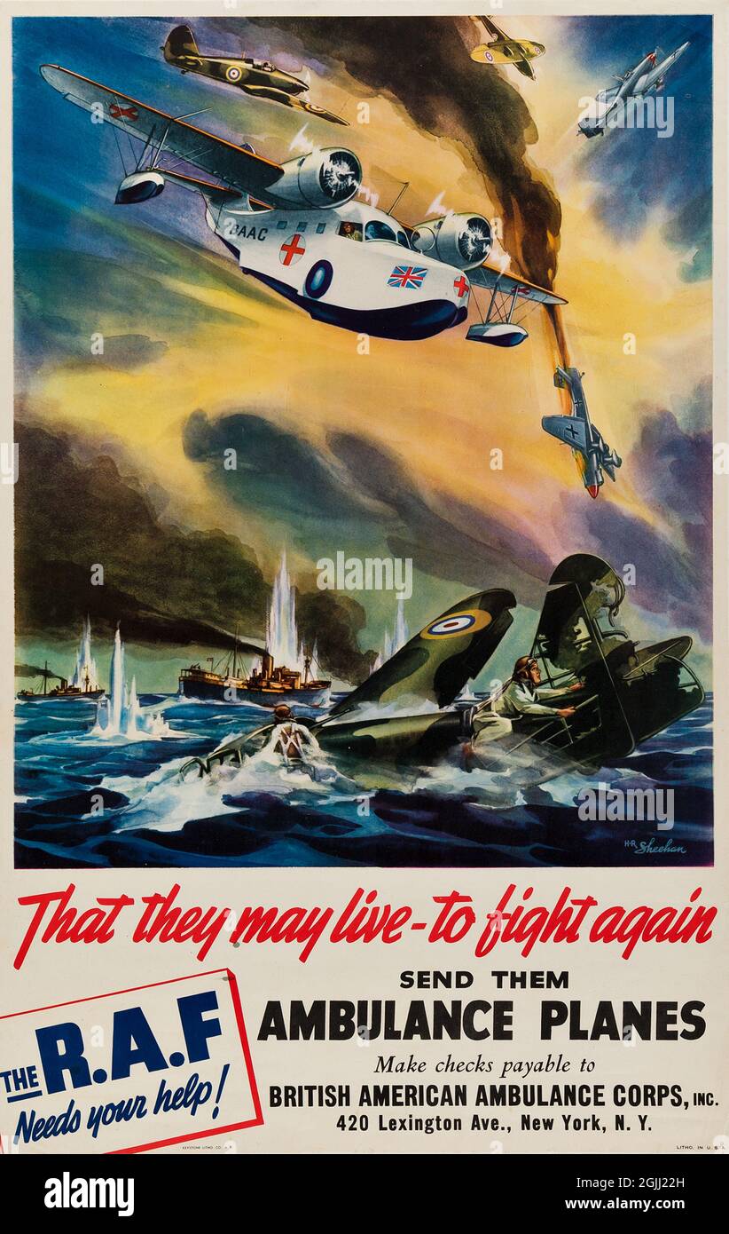 Cliquez sur l'affiche de propagande britannique Vintage deuxième Guerre mondiale - R:A:F: Ambulance planes Banque D'Images