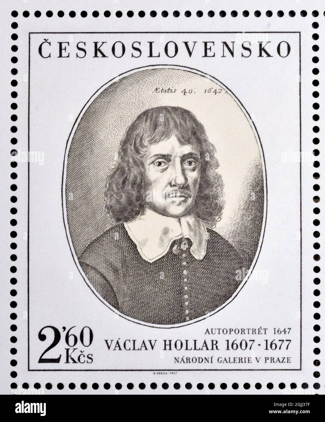 Timbre-poste tchèque (1977) : autoportrait par Vaclav Hollar (1607-1677) à partir de 1647 Banque D'Images