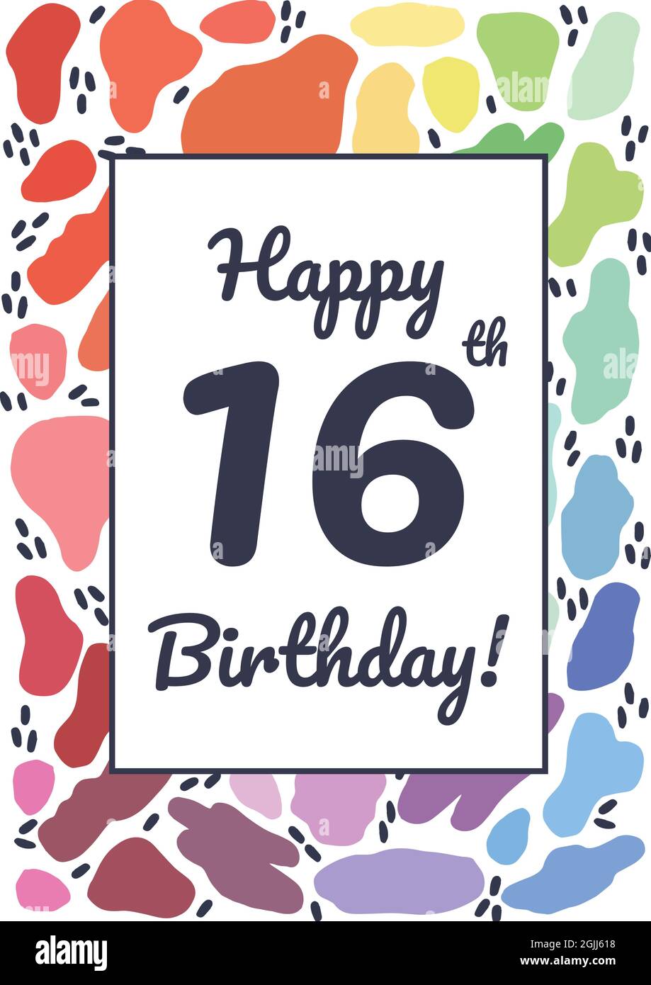 Composition du texte joyeux 16e anniversaire en noir sur rectangle blanc sur formes organiques colorées Banque D'Images