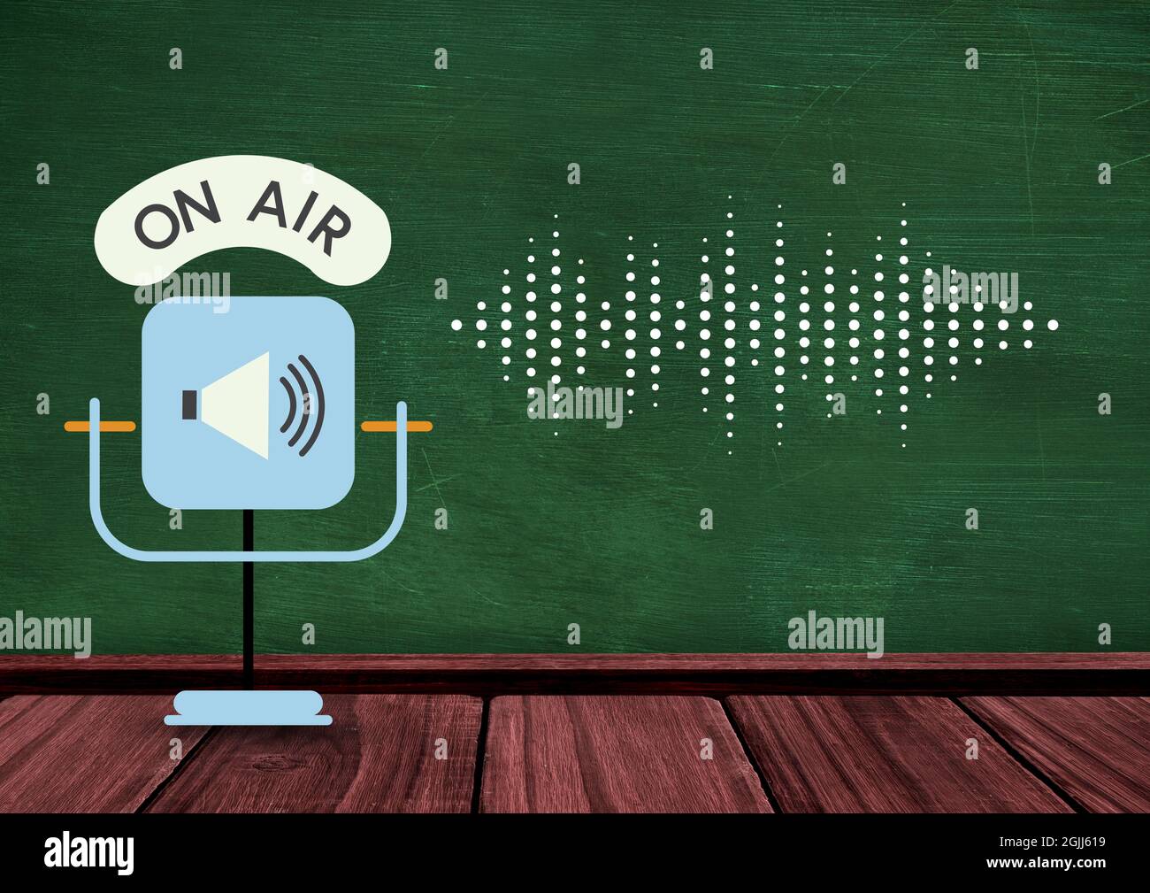 Composition du texte en ondes avec symbole de microphone et de haut-parleur avec point eq mètre sur vert Banque D'Images