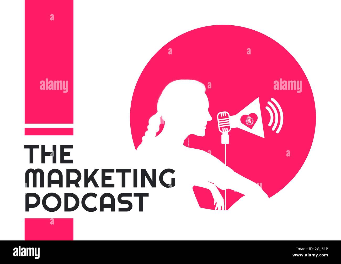 Composition du texte de podcast marketing avec femme et microphone sur cercle rose Banque D'Images