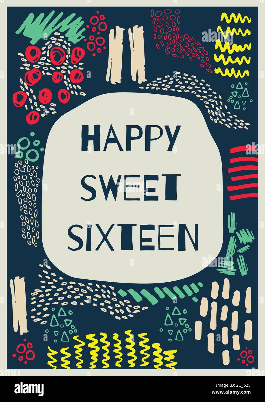 Composition de texte Happy Sweet seize en bulle grise avec motifs colorés sur fond sombre Banque D'Images