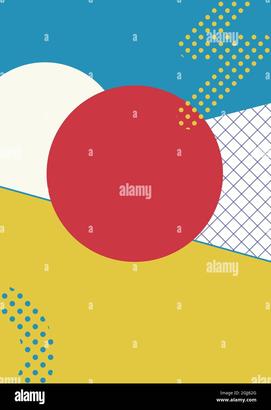 Composition de cercles rouges, de motifs de points jaunes et bleus sur fond bleu, blanc et jaune divisé Banque D'Images