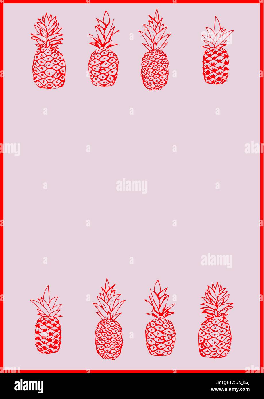 Composition de deux rangées d'ananas rouges sur fond gris avec cadre rouge Banque D'Images