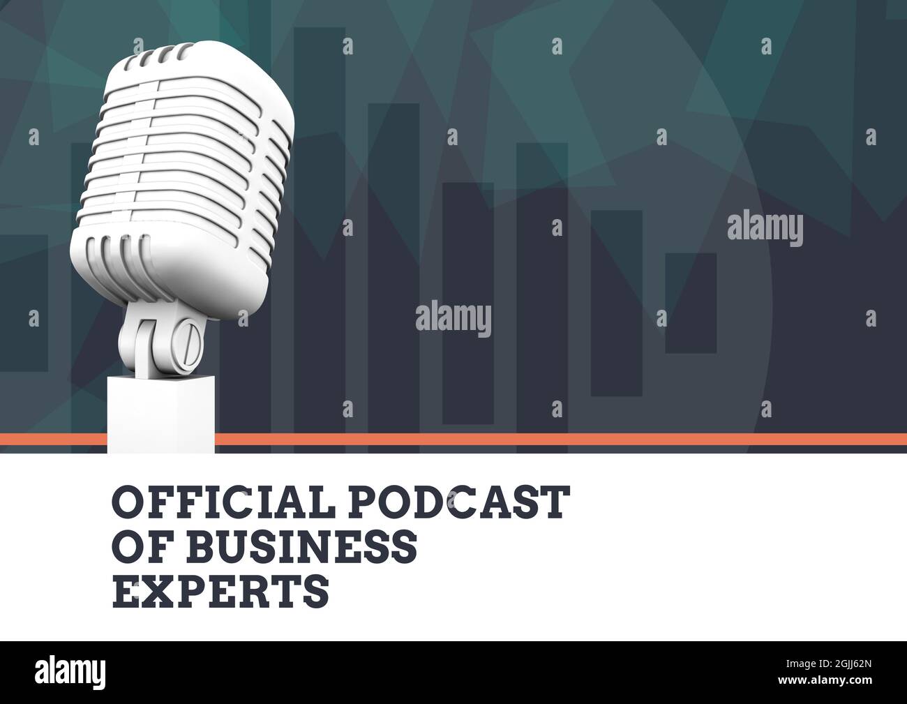 Composition du texte du podcast des experts en affaires avec microphone rétro et eq mètre sur vert foncé Banque D'Images