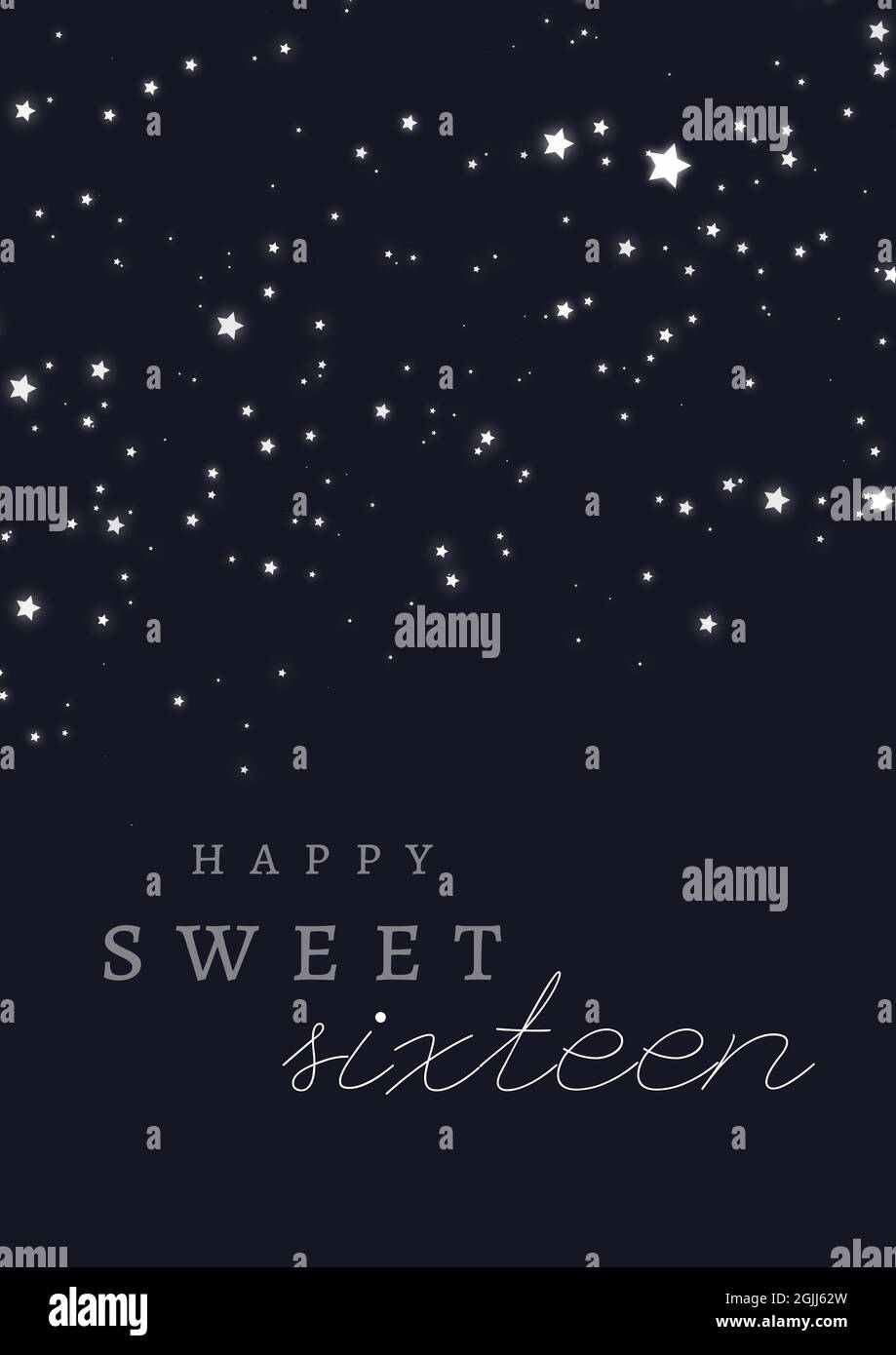 Composition du texte Happy Sweet seize sur des étoiles blanches sur fond noir Banque D'Images