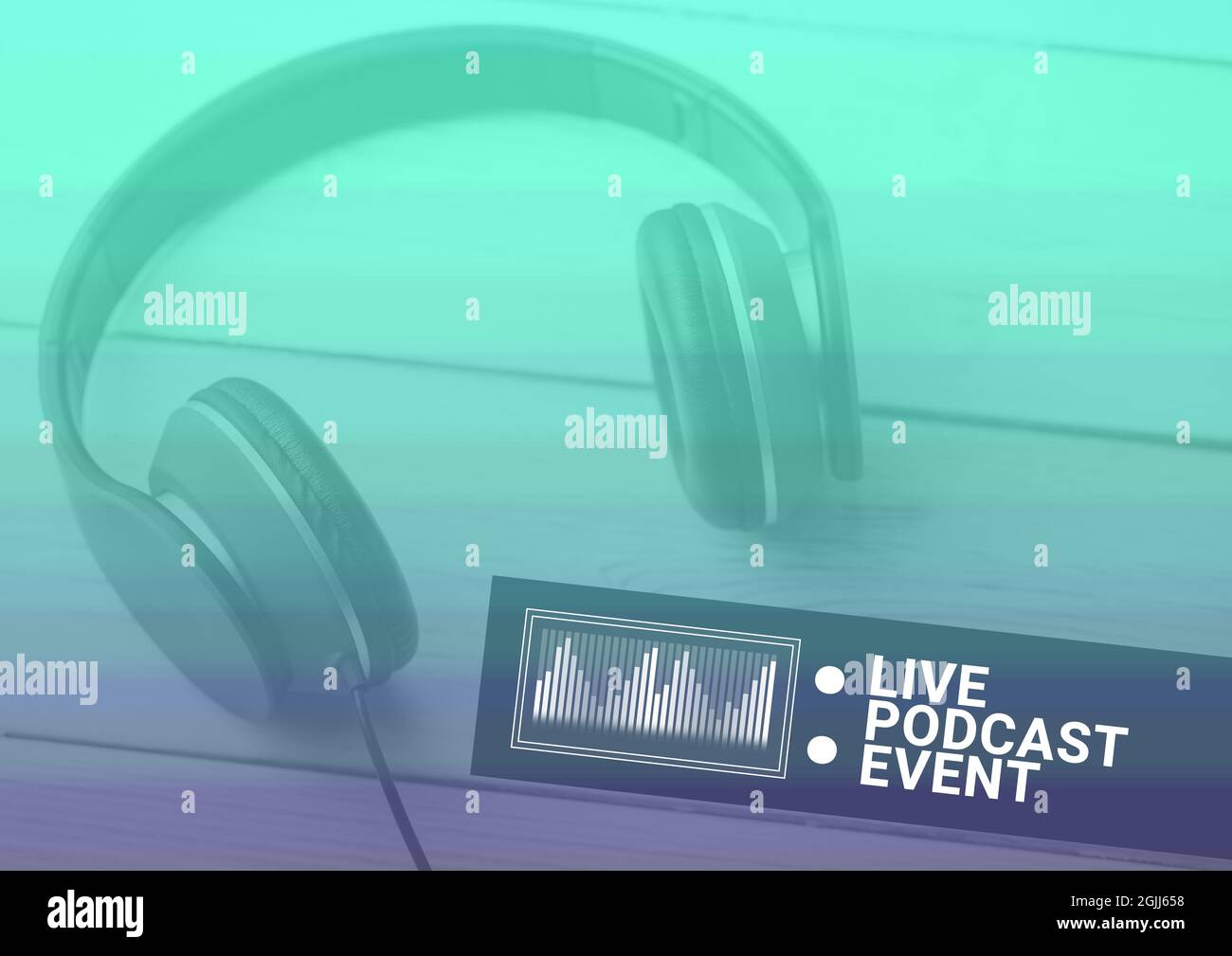 Composition du texte de l'événement de podcast en direct avec écouteurs et compteur d'eq en vert et violet Banque D'Images